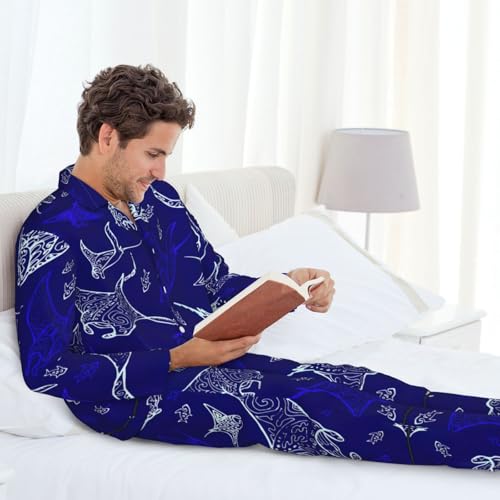 Pyjama classique col cranté ensemble détente léger à imprimé raie manta et poisson - 3