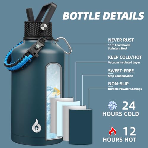 Image of BJPKPK 2 /3 Gallon Water Bottle with Straw Lid, 87oz Large, Stainless Steel Water Bottles with 3 Lids and Paracord Strap, Double Wall Vacuum Metal Jug, Navy Blue