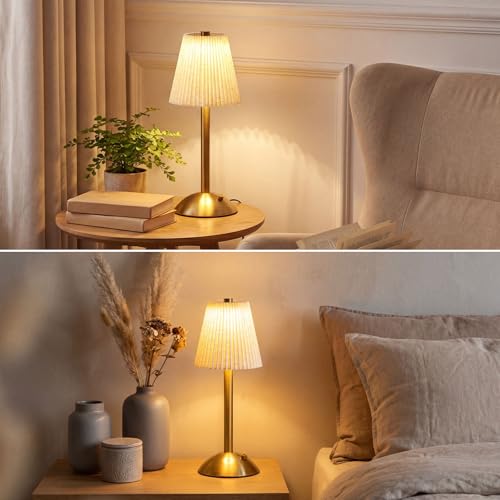 Image of Liliful 2 Pcs Cordless Table Lamp Rechargeable Touch LED Small Gold Portable Battery Operated USB-c Desk Lamp 3 Color Dimmable for Bedroom Living Room Dining (Gold,Linen Fabric)