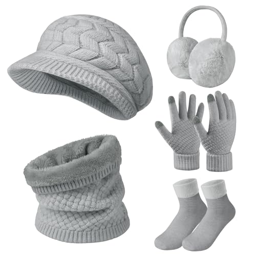 Niwicee Gorro Bufanda de Punto Guantes Mujer Invierno Conjunto Gorro de Punto Bufandas Guantes de Pantalla Táctil Orejeras Calentadores Suaves Calcetines Invierno Regalos para Mujer