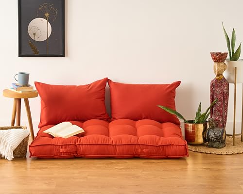 Image of SKANDA FAB Low Seating Cushion -100% Cotton Twill,Hand-Plotted Microfiber Filling,Floor Cushion with 2 Back Support Cushions - Ideal for Living Room,Balcony,Lounge- 80x120 Terracotta (Pack of 1),Red
