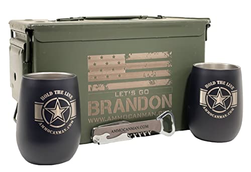 (1) Laser Engraved, “Let’s Go Brandon” 50 Cal M2A1 Grade 1 Military Ammo Can (Used) - (2) Laser Engraved, “Hold The Line” Insulated Wine Tumblers - (1) Laser Engraved, Corkscrew/Multi-Tool