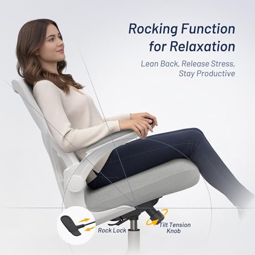 Image of Office Desk Chair for Long Hours & Lower Back Pain Relief - 4 inch Thick Molded Foam Cushion, Enhanced Lumbar Support, Padded Flip-up Armrests, Ideal for Office or Study (Light Gray)