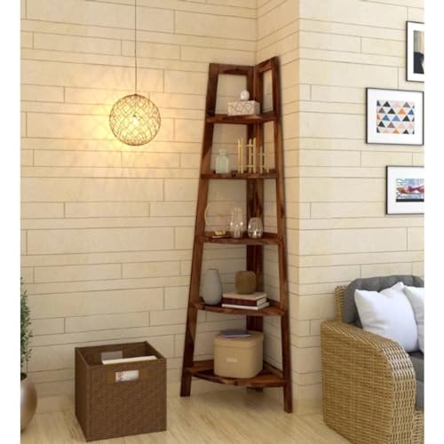 Image of Custom Decor Jai Salasar Handicraft Custom Decor Edison Solidwood House Corner Wall Rack Shelf Heavy Duty Set of 5 Tier Shelf - Honey Teak Brown
