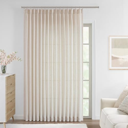 Image of Vision Home Natural Pinch Pleated Semi Sheer Curtains Textured Linen Blended Light Filtering Window Curtains 90 inch for Living Room Bedroom Patio Pinch Pleat Drapes with Hooks 1 Panel 84 inch Wx90 L