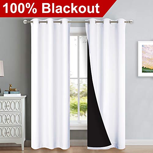 Image of NICETOWN White Blackout Curtains 84 inches Long, Full Light Blocking Drapes with Black Liner for Nursery, Thermal Insulated Draperies for Hall, Villa (2 Pieces, 42 inches Wide Each Panel, Pure White)