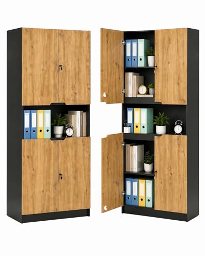 Amveya Armario Archivador de Oficina con 4 Puertas y Cerradura, Mueble de Oficina con Compartimento Abierto y Estante Regulable, Armario Oficina Multiusos, Negro/Roble, 82 x 37 x 200 cm