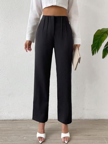 SweatyRocks Women's High Waist Pleated Straight Leg Pants Solid Zipper Long Work Trousers Pants4