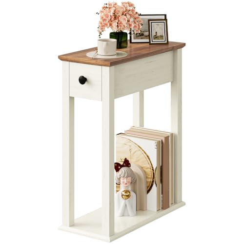 Image of CHOEZON Farmhouse End Table, 2-Tier Narrow Side Table with Drawer, Wooden Nightstand, for Small Space, Living Room, Bedroom
