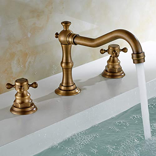 Beelee Deck Mounted Three Holes Double Handles Widespread Bathroom Sink Faucet, Antique Brass Finished