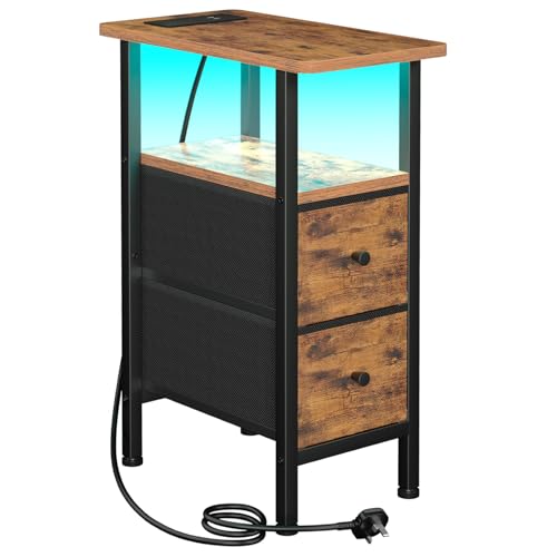 AMHANCIBLE Mesita de noche delgada con estación de carga, mesa auxiliar estrecha con luces LED, mesa auxiliar pequeña con 2 cajones de tela, mesita de noche para espacios pequeños, sala de estar