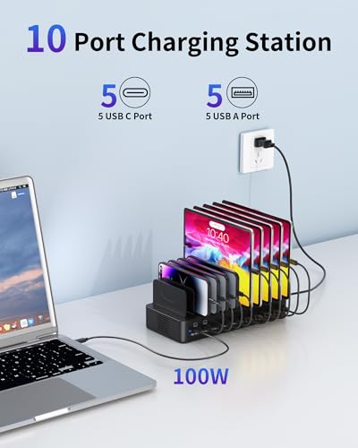 Image of 580W Charging Station for Multiple Devices, 10-Port USB C Fast Charger Station, Dual PD 100W Charging Dock with Adjustable Dividers & 6 Cables-Device Organizer for Laptop MacBook, iPhone, iPad