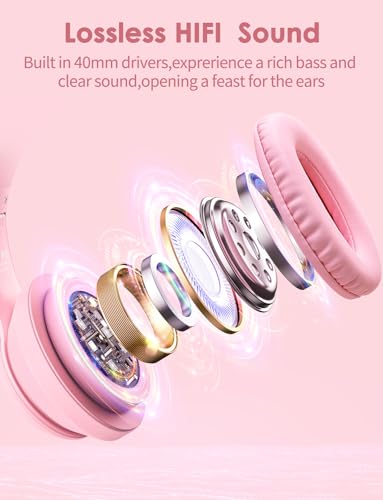 Image of Cat Ear Bluetooth Headphones with Micphone for Kids & Adults, LED Light Up Wireless HI-FI Sound Quality, Over-Ear Headphones with Volume Control for iPhone /iPad /Laptop /PC(55H Play Time)