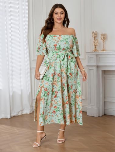 Image of SCOMCHIC Womens Plus Size Formal Dresses Off The Shoulder Wedding Guest Cocktail A-Line Split Maxi Dress with Pockets