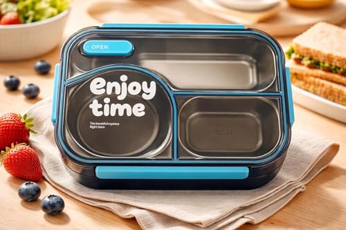 Image of Premium Stainless Steel Bento Lunch Box | Leakproof 3 Compartment Tiffin Container with Secure Lock Lid | BPA-Free Food Storage Box for School, Office & Travel (with Spoon Fork Set)