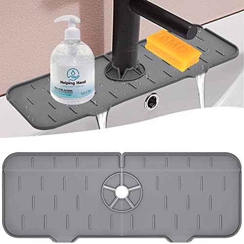 FUAKUl Silicone Faucet Handle Drip Catcher Tray Sink Splash Guard Behind Faucet Kitchen Faucet Drip Catcher Mat for Drip Protector Splash Drying Countertop (Gray,1), ‎14.6 x 5.5 x 0.36 Inches