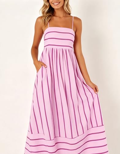 Image of chouyatou Women's Striped Back Smocked Maxi Dress Sexy Spaghetti Strap Cut Out Flowy Swing Long Dress