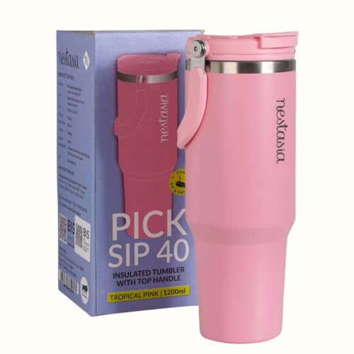 Image of Nestasia PickSip40 Tumbler with Straw & Top Handle 1.2L | Two Sided Lid with Sip & Gulp - Leakproof & Dustproof | Insulated Stainless Steel Sipper Water Bottle for Adults (Tropical Pink)