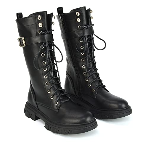 Essex Glam Womens Calf Boots Ladies Black Synthetic Leather Lace Up Biker Combat Casual Strap Flat Booties Size 6 B(M) Us #TOP4