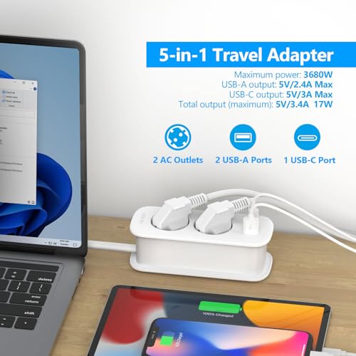 JSVER Travel Plug Adapter USA, Wiele Gniazd z 1 USB C i 2 USB A, 5 w 1 z Chowanym Przedłużaczem, Typ B dla Kanady, Ameryki, Meksyku, Tajlandii, Dominikany-1,5 m (Biały)