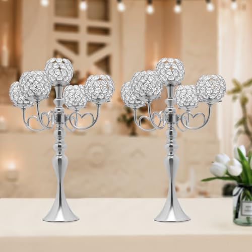 2 Pack 5 Arm Crystal Candelabra Centerpieces,21.5 Inch Tall Crystal Candle Holder Table Candelabra Stand with Crystal Candle Holder Bowl for Wedding Centerpieces Dining Coffee (Sliver)