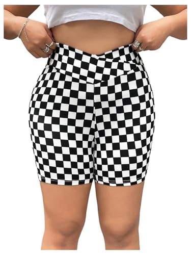 WDIRARA Women's Plus Size Checkered High Waisted Biker Shorts V Cross Tummy Control Workout Shorts