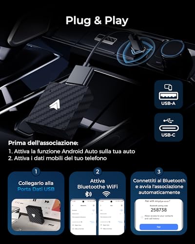 Wityeye Adattatore Android Auto Wireless, Bluetooth V5.3 Connessione Stabile, Wifi 5.8Ghz Trasferimento Dati Veloce, Usb C/A, Chiavetta Aa Converte Da Cablato A Wireless Per Smartphone Android 11+ - 4
