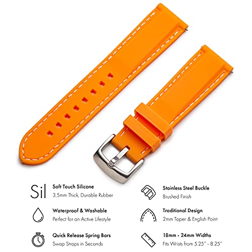 Benchmark Basics Orange/White Stitching 18Mm Quick Release Silicone Watch Band - Replacement Rubber Watch Straps For Men & Women - Compatible With Regular & Smart Watches #TOP2