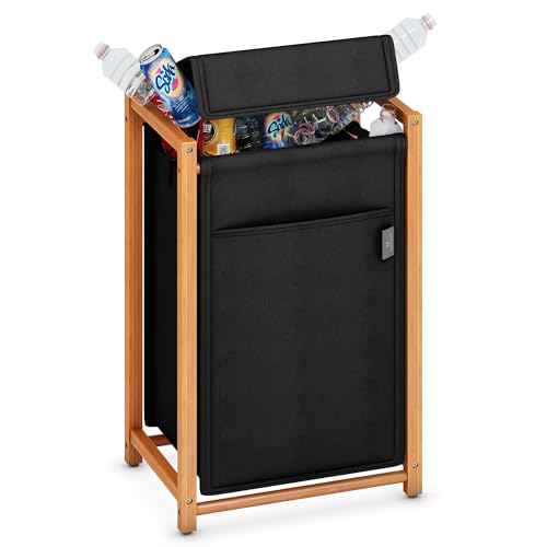 ADEL DREAM Bottle Collector Bin Bag Stand Bamboo Container for Empty Bottles Storage Container Old Glass Plastic Bottles Storage Room Kitchen Waste Container 80L Black