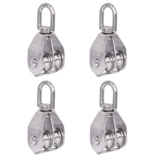 Rocaris 4 Pack Stainless Steel Wire Rope Crane Double Pulley Block M20 Lifting Crane Swivel Hook Single Pulley Block Hanging Wire Towing Wheel