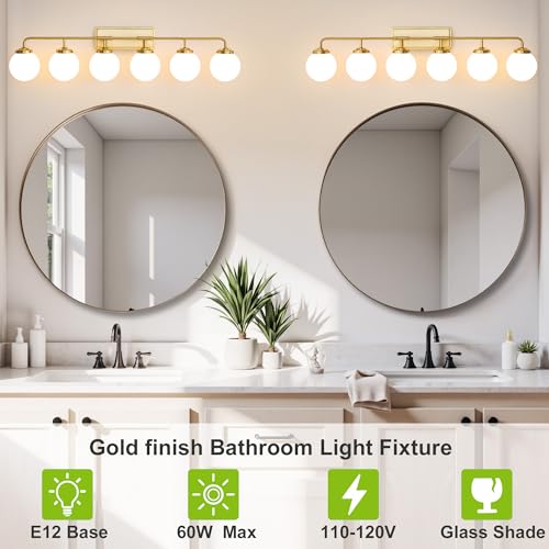 Image of Bathroom Light Fixtures 45.3in 6-Light Brushed Gold Vanity Light for Mirror | Bathroom Lighting Fixtures over Mirror, ETL, Brushed Brass Wall Sconce, Dimmable E12 Base Max 60W, Milky Glass Ball Shades