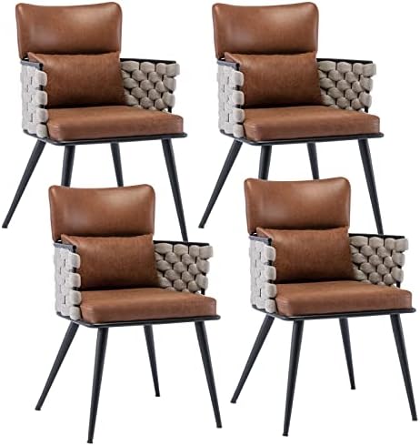BFZ Mid-Century Modern Dining Chairs Set of 4, Handmade Woven Kitchen Chairs, Suede Fabric Dining Chairs with Metal Legs for Kitchen, Dining Room, Living Room