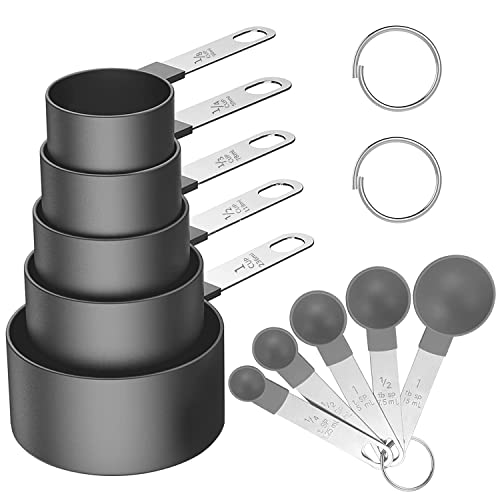 Songjum Juego de Tazas y Cucharas Medidoras con Mango de Acero Inoxidable 10 Piezas Utensilios de Cocina para Medir Sólidos y Líquidos (Gris)