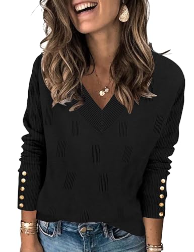 AKEWEI Women's Fall Tops 2025 Long Sleeve Sweater Casual Decorative Buttons Knitted Pullover(Black,Small)