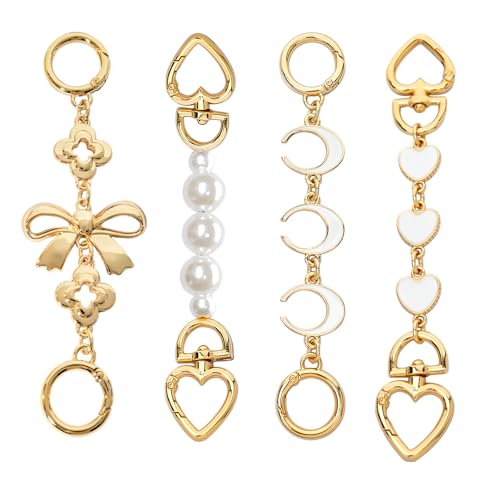 YANGMUM 4Pcs Bag Extender Chain Gold Purse Strap Extender Replacement Crossbody for Bag Accessories Women, Girl Handbags Adjustable Purse Charms Making Supplies (Pearl, Bow Ribbon, Heart, Moon)