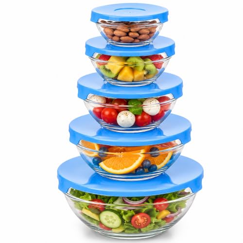 Image of Senshuomy 5 Pack Thick Clear Glass Mixing Bowls with Lids (Blue)