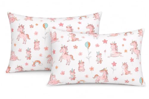 Image of Microfiber Pillow Cover 17x27 Inch (Pack of 2) | Soft & Durable | Ideal for Bed & Sofa Pink Unicorn