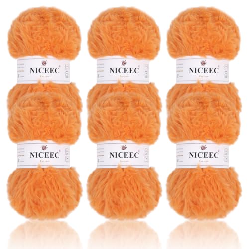 Image of NICEEC 6 Skeins Soft Faux Fur Yarn 210yds /10.6oz- S1121#Orange