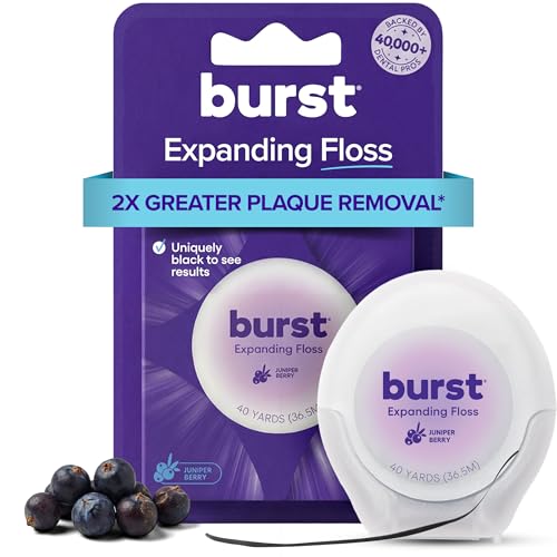 BURST Expanding Dental Floss (Juniper Berry/40 Yards) | Stain Absorbing & Woven Tooth Floss with Xylitol Coating to Fight Cavities | Vegan | Paraben Free Expanding Floss