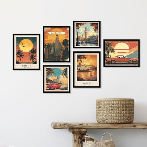 Image of kotart Retro Travel Theme City Vibes Wall Decor Photo Frames - Modern Art City Vibes Wall Decor Photo Frames - Wall Poster with Frame for Room Office Living Room Hotel Home Decor Set of 8 (Art 3, Big(13x17 or 13x13 inch), Framed)