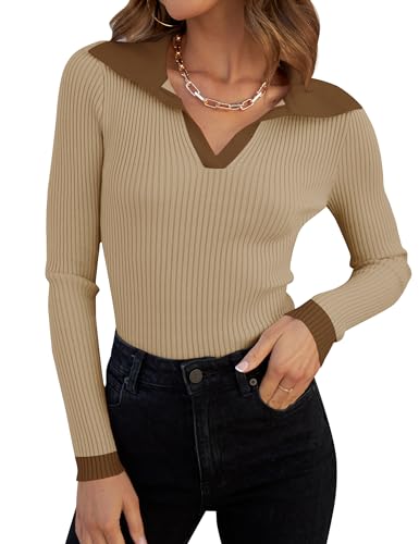 Image of ZESICA Fall Sweaters for Women 2026 Long Sleeve V Neck Ribbed Knit Pullover Tops Casual Slim Fit Basic Tee Shirts