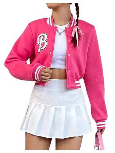 SHENHE Women's Graphic Baseball Jacket Letter Bomber Button Down Striped Trim Crop Varsity Jacket