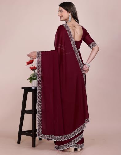 Image of SIRIL Women's Georgette Hot Fixing Stone Work Saree with Unstitched Blouse Piece