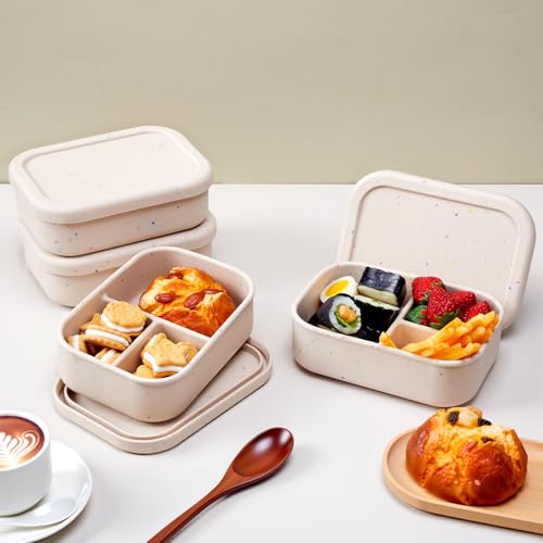 Image of Honeydak 4 Pcs Silicone Bento Box, 3 Compartment Lunch Food Container for Women Men, Leak Proof Microwave Easy to Clean Dishwasher Freezer Safe (Beige)