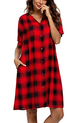 Yozly House Dresses For Elderly Lightweight Moo Moos For Women Button Down Nightgown Plaid Red, Xx-Large #TOP24