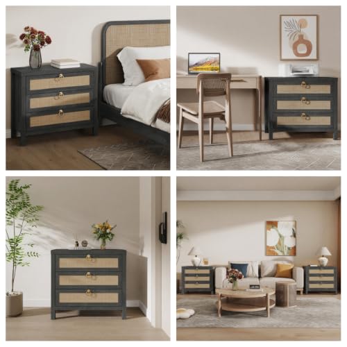 Image of Eclatara Large Rattan Night Stand Set of 2 Boho Nightstand with 3 Drawers | Black Oak Storage Bedside Table End Table Side Table for Bedroom