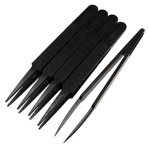 E-outstanding Anti-static Tweezer 5PCS 4.6Inch Black Plastic Pointed Tip Anti-static Tweezers Repairing Tools for Electronic Repairing