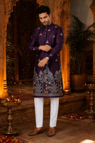 Generic Men’s Wine Satin Embroidered Straight Kurta, Large - Image 5