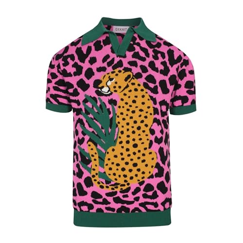 Men's Knitted Retro Poloshirt, 1960s Mod Style Vintage Short Sleeve Shirt with Animal Pattern Rose Red