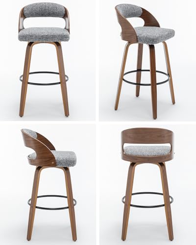 Image of AQG Swivel Bar stools Set of 3 Bar Chairs 26 inch Counter Height Mid-Century Modern Bentwood Barstool Faux Linen Upholstered Bar Chair with Back and Footrest, for Bar, Cafe, Dining, Kitchen Island, Gray